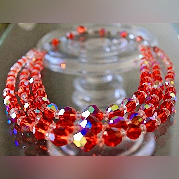 LAGUNA NECKLACE BRACELET EARRING VINTAGE 3PC SET ORANGE & CLEAR AURORA BOREALIS - Picture 7 of 11